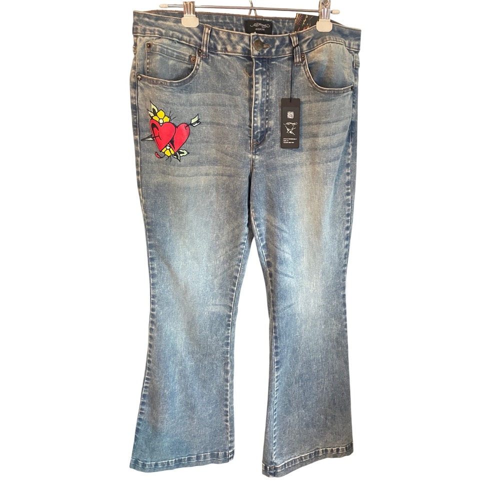 NWT Ed Hardy Womens Flare Jeans Size 34 Y2K Tattoo Graphic Medium Wash WEHD8400